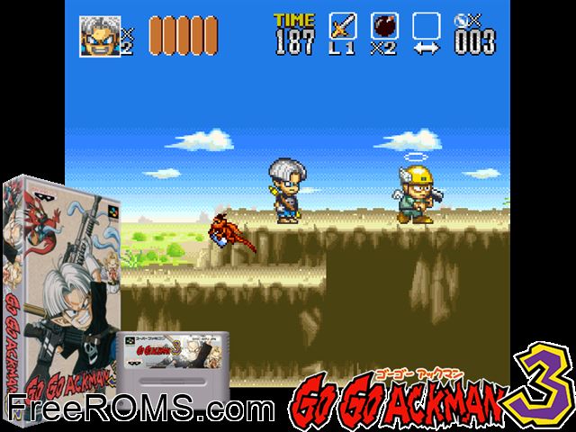 Go Go Ackman 3 SNES game showing 3D box cover and gameplay screenshot