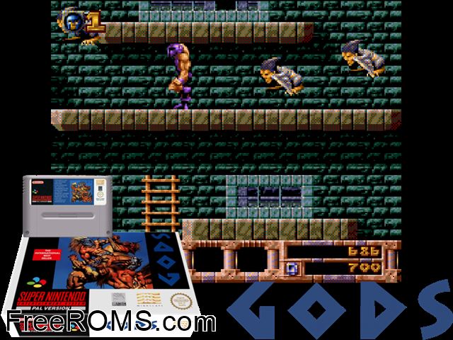 Gods SNES game showing 3D box cover and gameplay screenshot