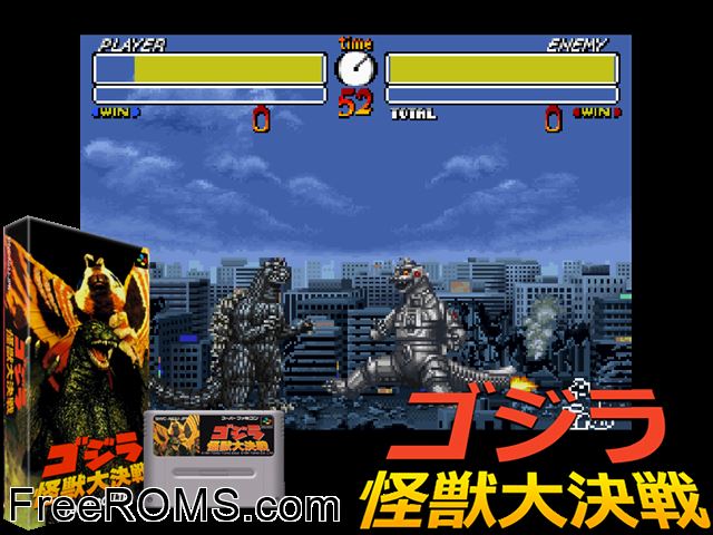 Godzilla - Kaijuu Daikessen SNES game showing 3D box cover and gameplay screenshot