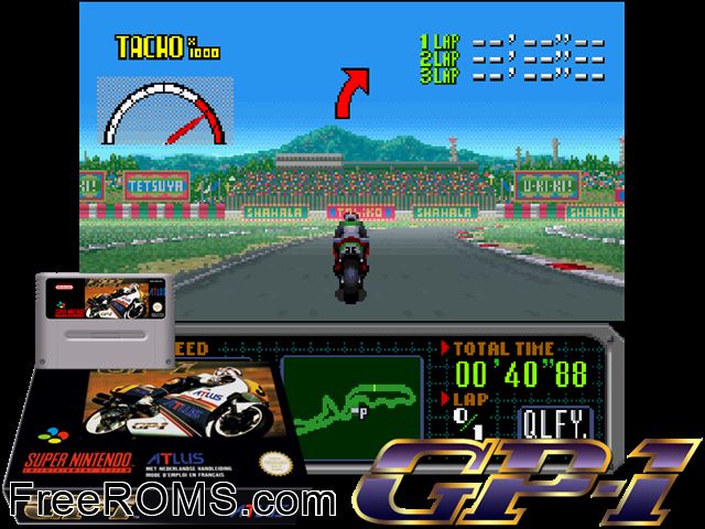 GP-1 SNES game showing 3D box cover and gameplay screenshot