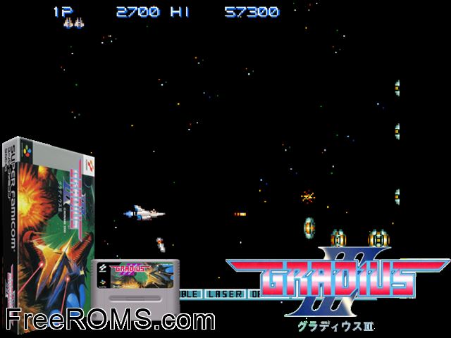 Gradius III SNES game showing 3D box cover and gameplay screenshot