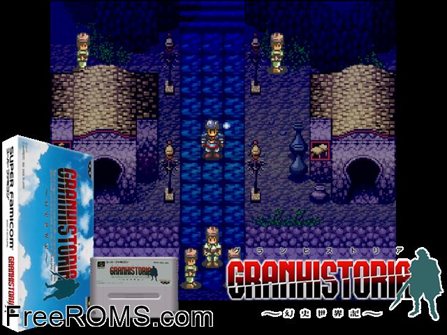Granhistoria - Genshi Sekaiki SNES game showing 3D box cover and gameplay screenshot