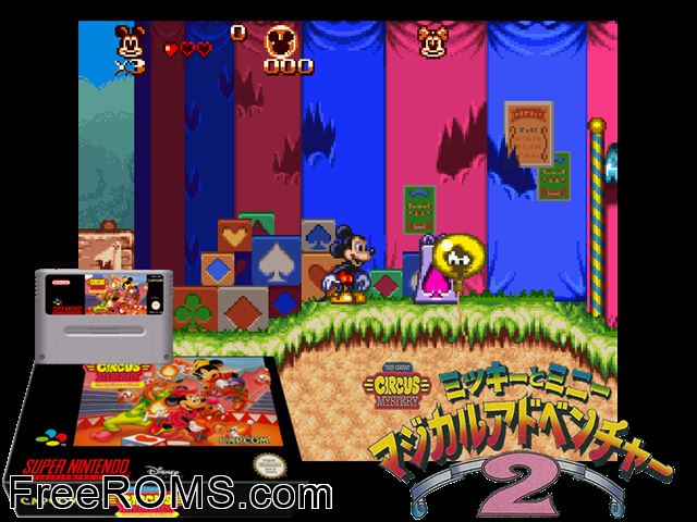 Great Circus Mystery Starring Mickey And Minnie, The SNES game showing 3D box cover and gameplay screenshot