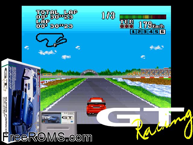 GT Racing SNES game showing 3D box cover and gameplay screenshot