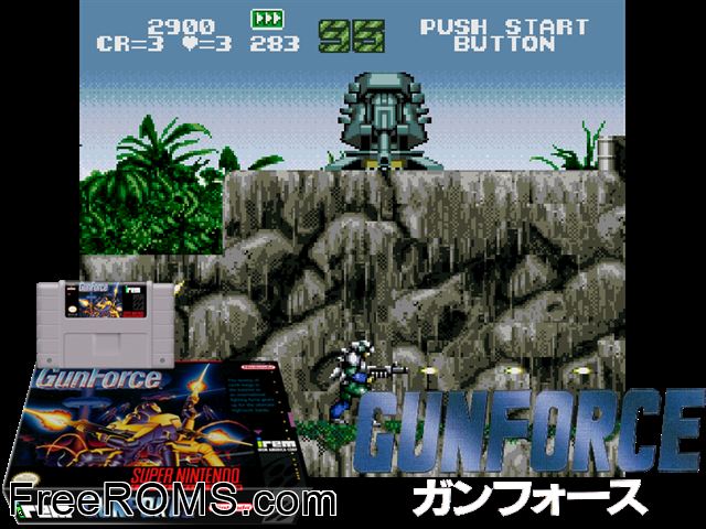 Gunforce - Battle Fire Engulfed Terror Island SNES game showing 3D box cover and gameplay screenshot