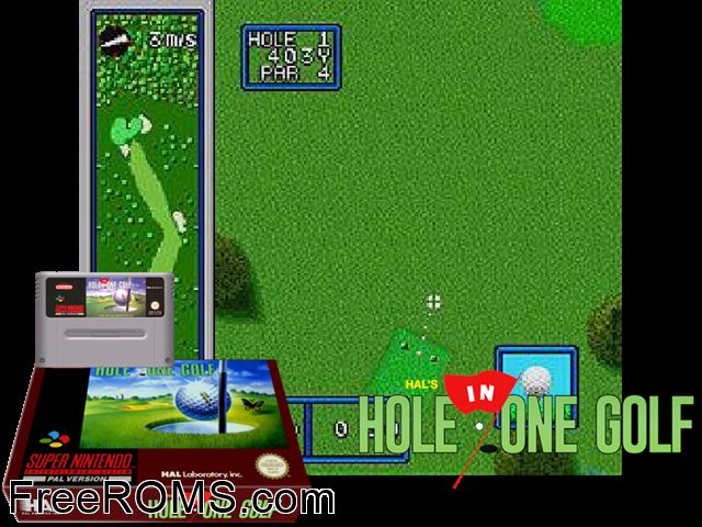 HAL's Hole in One Golf SNES game showing 3D box cover and gameplay screenshot