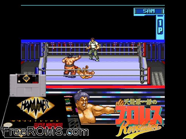 Hammerlock Wrestling SNES game showing 3D box cover and gameplay screenshot