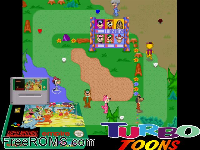 Hanna Barbera's Turbo Toons SNES game showing 3D box cover and gameplay screenshot