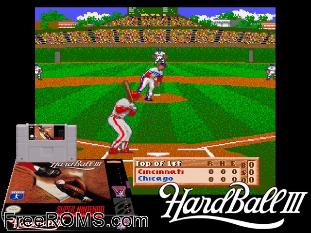 Hardball III SNES game showing 3D box cover and gameplay screenshot
