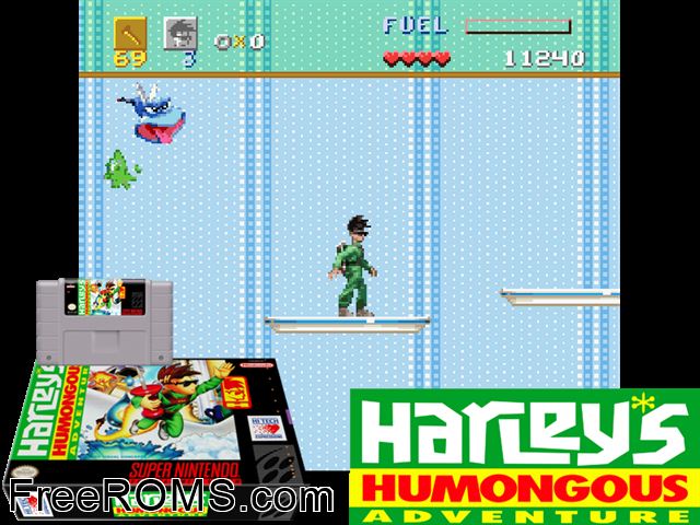 Harley's Humongous Adventure SNES game showing 3D box cover and gameplay screenshot