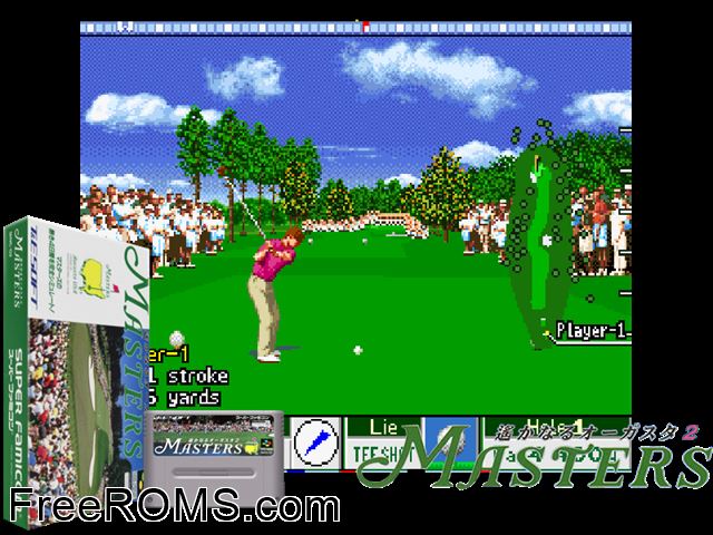 Harukanaru Augusta 2 - Masters SNES game showing 3D box cover and gameplay screenshot