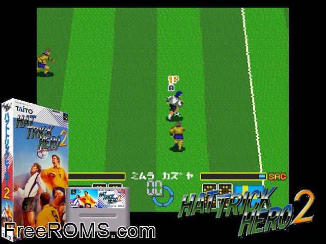 Hat Trick Hero 2 SNES game showing 3D box cover and gameplay screenshot