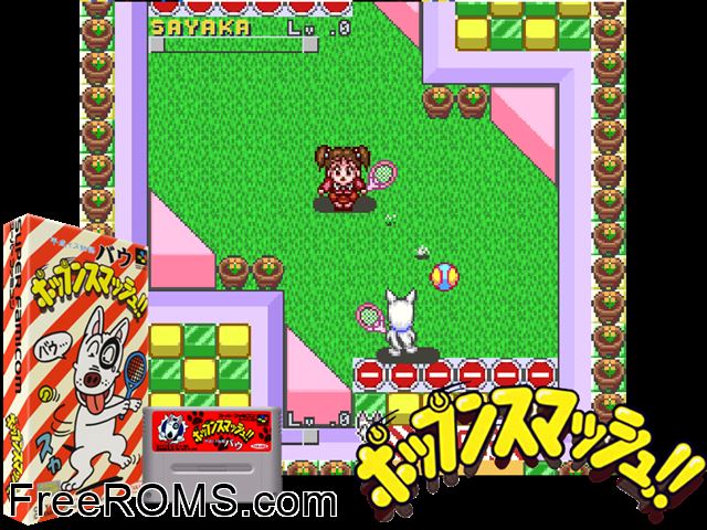 Heisei Inu Monogatari Bow - Pop'n Smash!! SNES game showing 3D box cover and gameplay screenshot
