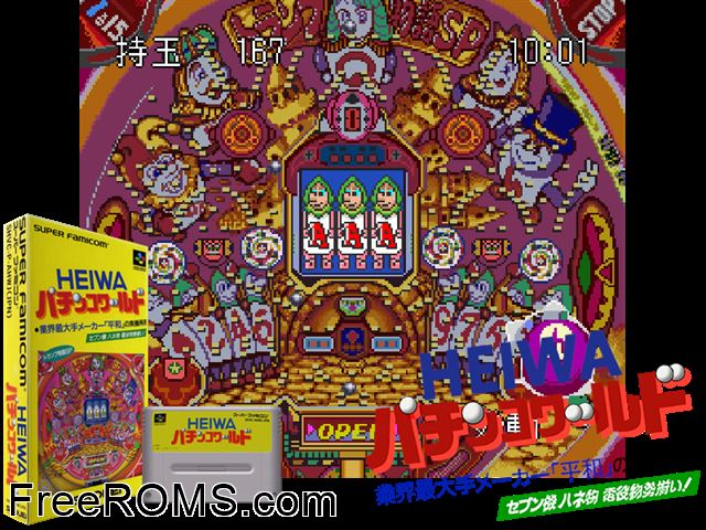 Heiwa Pachinko World SNES game showing 3D box cover and gameplay screenshot