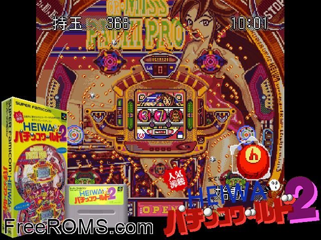 Heiwa Pachinko World 2 SNES game showing 3D box cover and gameplay screenshot