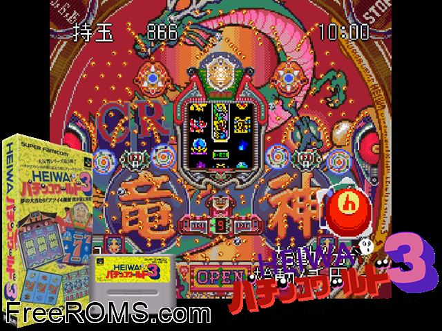 Heiwa Pachinko World 3 SNES game showing 3D box cover and gameplay screenshot