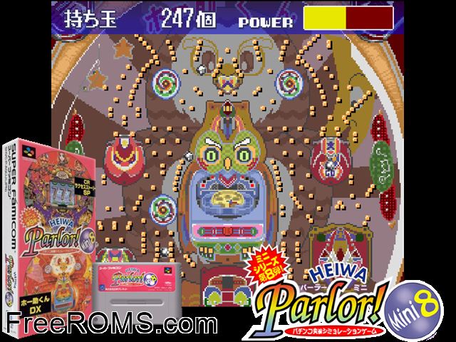 Heiwa Parlor! Mini 8 - Pachinko Jikki Simulation Game SNES game showing 3D box cover and gameplay screenshot