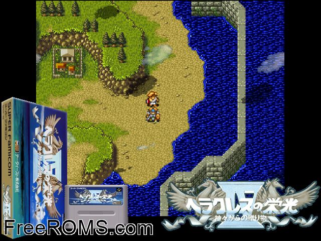 Herakles no Eikou IV - Kamigami Kara no Okurimono SNES game showing 3D box cover and gameplay screenshot