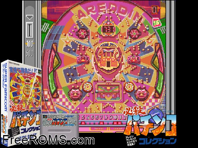 Hissatsu Pachinko Collection SNES game showing 3D box cover and gameplay screenshot