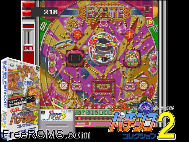 Hissatsu Pachinko Collection 2 SNES game showing 3D box cover and gameplay screenshot