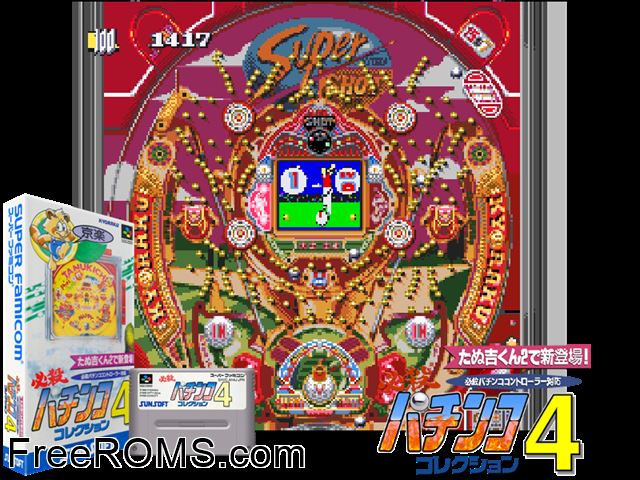Hissatsu Pachinko Collection 4 SNES game showing 3D box cover and gameplay screenshot