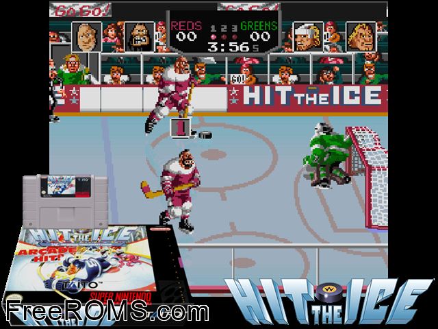 Hit the Ice SNES game showing 3D box cover and gameplay screenshot