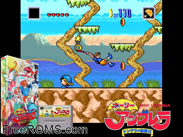 Holy Umbrella - Dondera no Mubo!! SNES game showing 3D box cover and gameplay screenshot