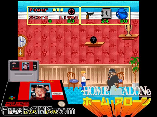 Home Alone SNES game showing 3D box cover and gameplay screenshot