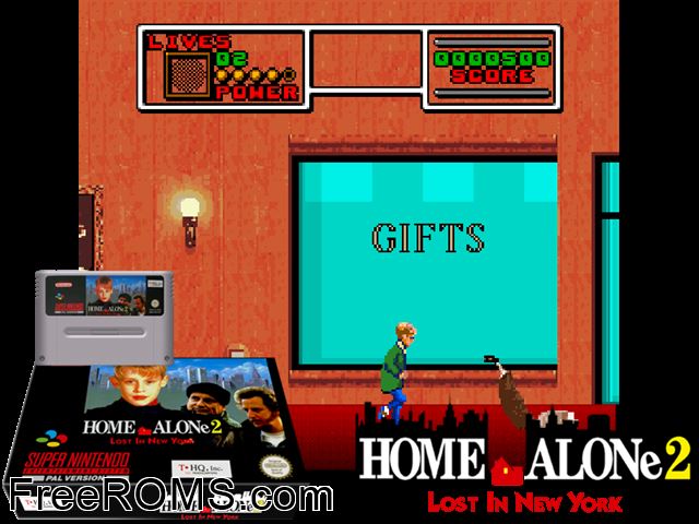 Home Alone 2 - Lost in New York SNES game showing 3D box cover and gameplay screenshot