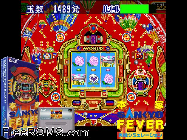 Honke Sankyo Fever - Jikkyou Simulation SNES game showing 3D box cover and gameplay screenshot