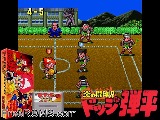 Honoo no Doukyuuji - Dodge Danpei SNES game showing 3D box cover and gameplay screenshot