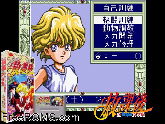 Houkago in Beppin Jogakuin SNES game showing 3D box cover and gameplay screenshot