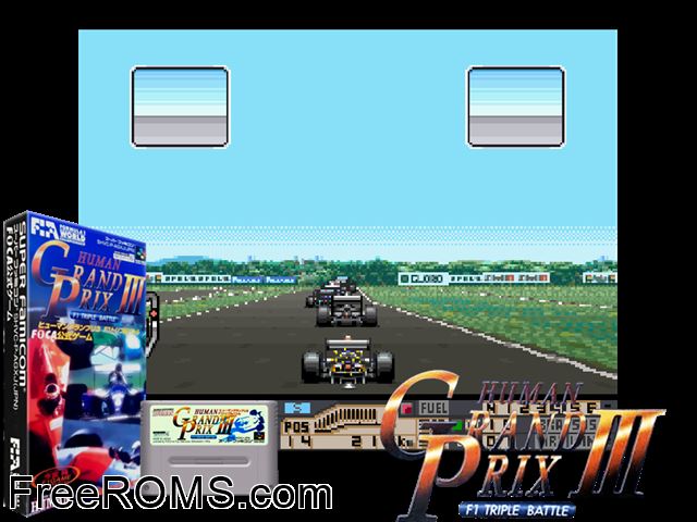 Human Grand Prix III - F1 Triple Battle SNES game showing 3D box cover and gameplay screenshot
