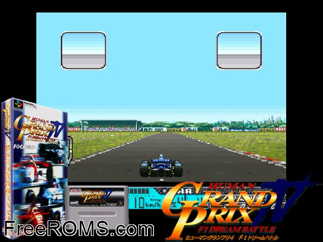 Human Grand Prix IV - F1 Dream Battle SNES game showing 3D box cover and gameplay screenshot