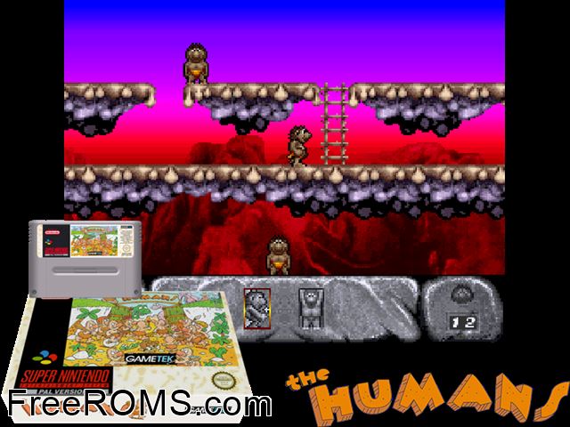 Humans, The SNES game showing 3D box cover and gameplay screenshot