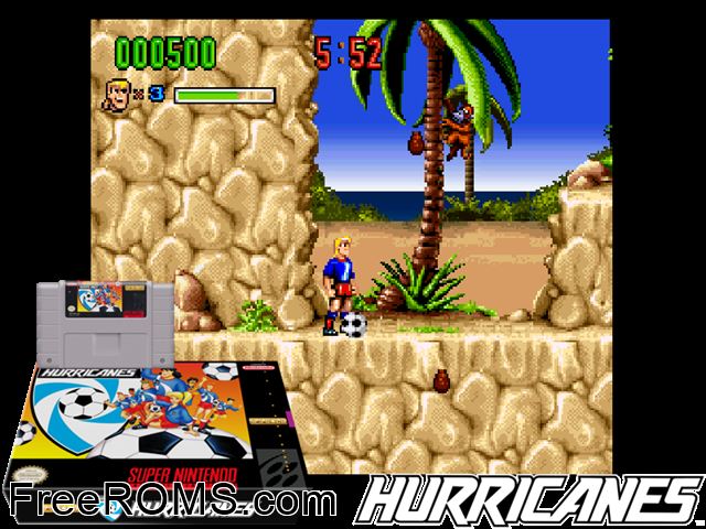 Hurricanes, The SNES game showing 3D box cover and gameplay screenshot