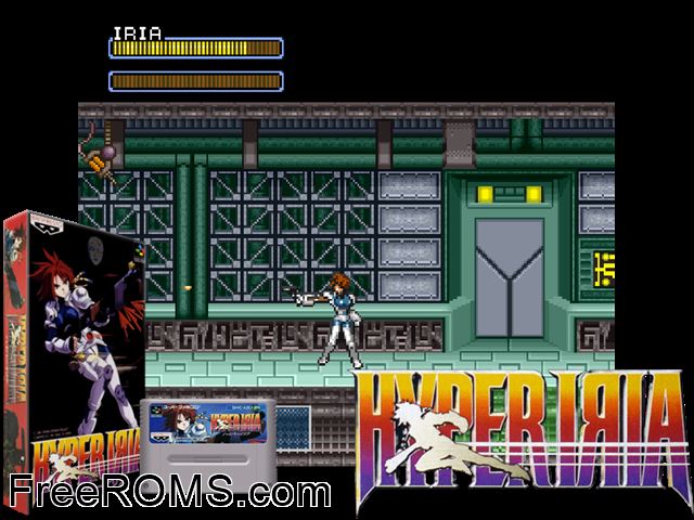 Hyper Iria SNES game showing 3D box cover and gameplay screenshot