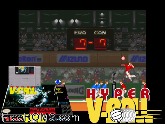 Hyper V-Ball SNES game showing 3D box cover and gameplay screenshot