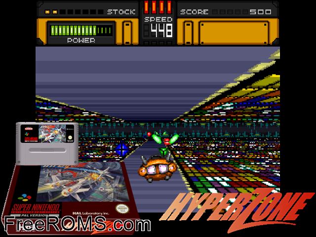 HyperZone SNES game showing 3D box cover and gameplay screenshot
