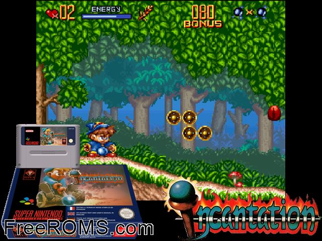 Incantation SNES game showing 3D box cover and gameplay screenshot