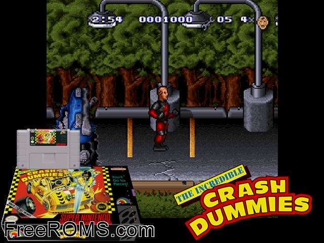 Incredible Crash Dummies, The SNES game showing 3D box cover and gameplay screenshot