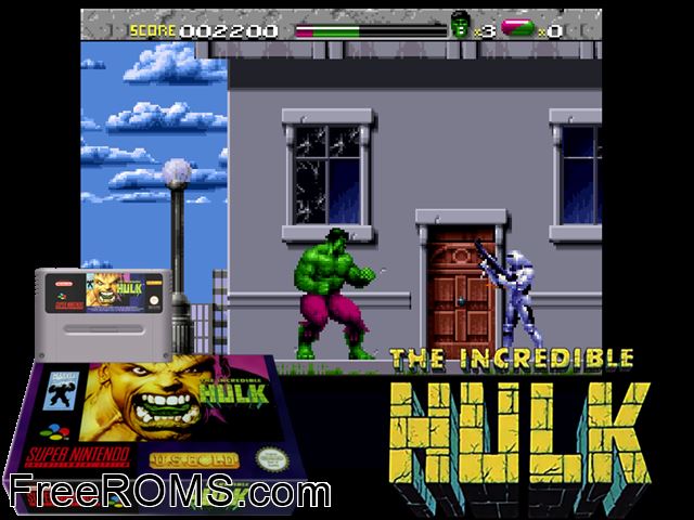 Incredible Hulk, The SNES game showing 3D box cover and gameplay screenshot