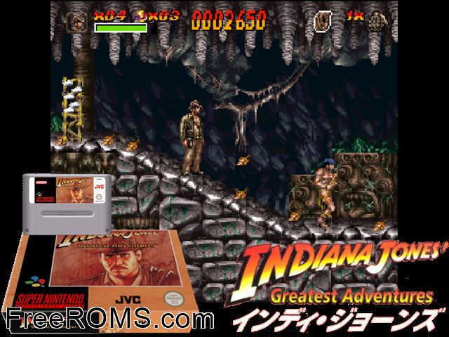 Indiana Jones' Greatest Adventures SNES game showing 3D box cover and gameplay screenshot