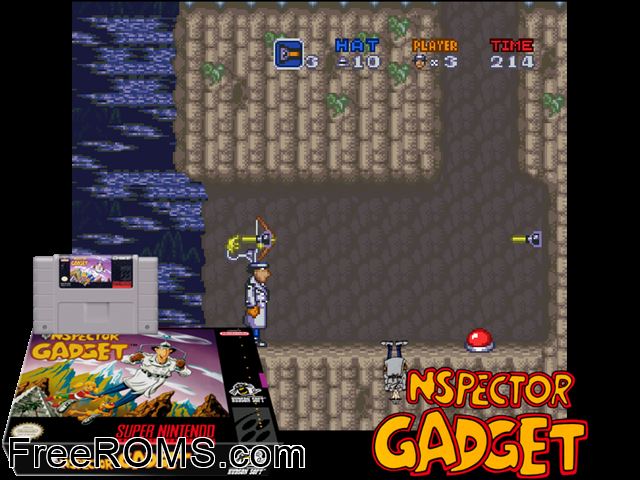 Inspector Gadget SNES game showing 3D box cover and gameplay screenshot
