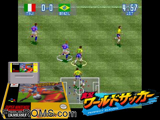International Superstar Soccer SNES game showing 3D box cover and gameplay screenshot