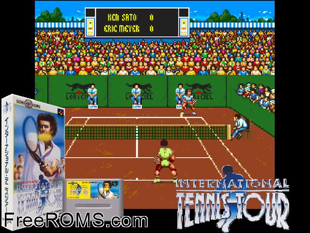 International Tennis Tour SNES game showing 3D box cover and gameplay screenshot