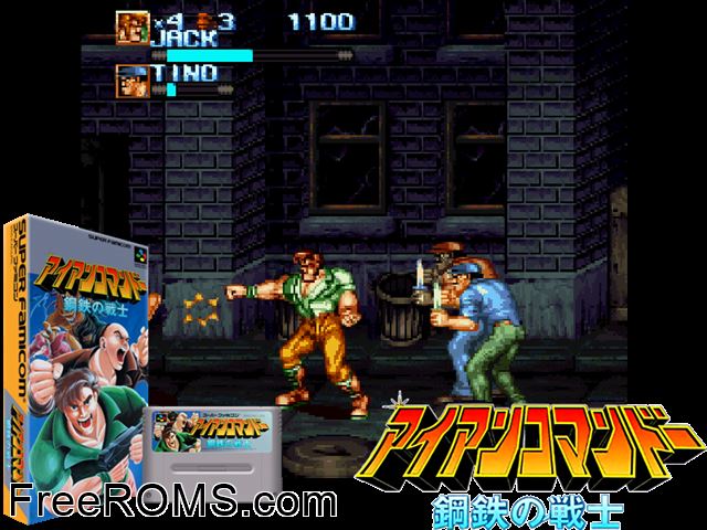 Iron Commando SNES game showing 3D box cover and gameplay screenshot