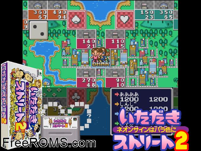 Itadaki Street 2 - Neon Sign wa Bara Iro ni SNES game showing 3D box cover and gameplay screenshot