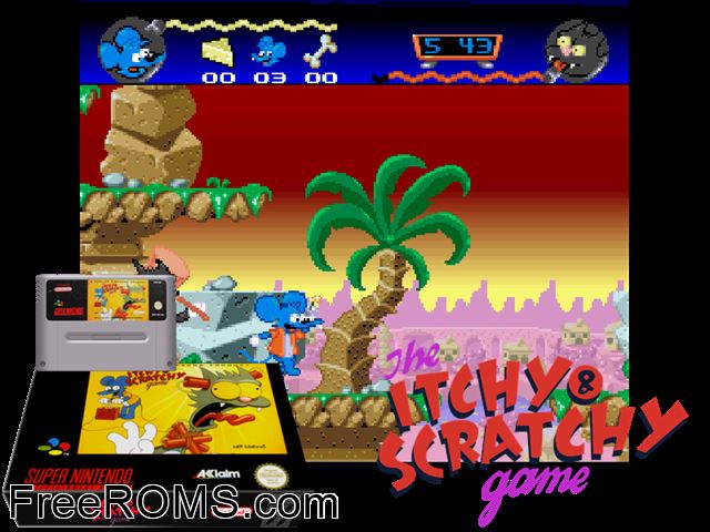 Itchy And Scratchy Game, The SNES game showing 3D box cover and gameplay screenshot