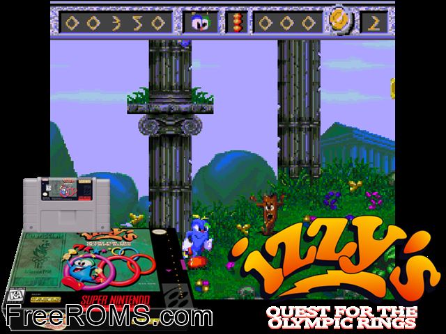 Izzy's Quest for the Olympic Rings SNES game showing 3D box cover and gameplay screenshot